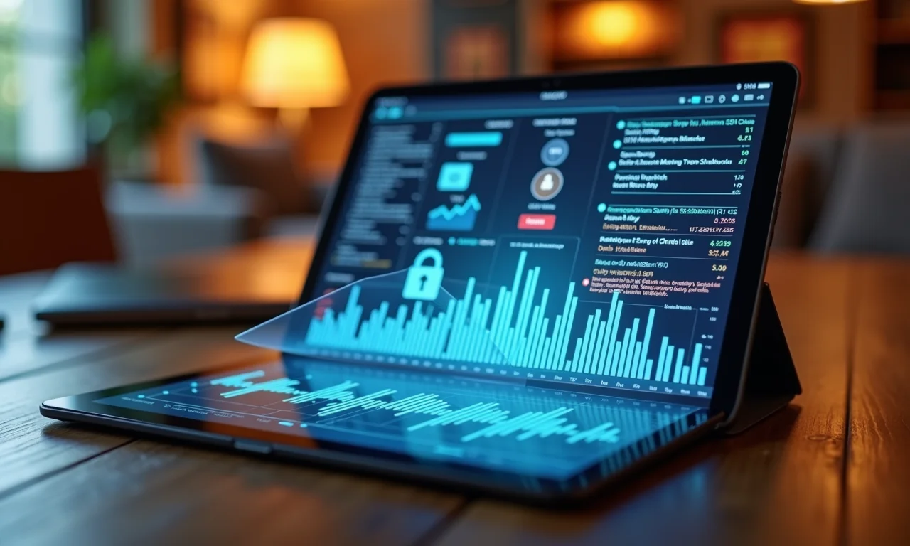Tablet mostrando livro razão digital transparente com dados de transação seguros.