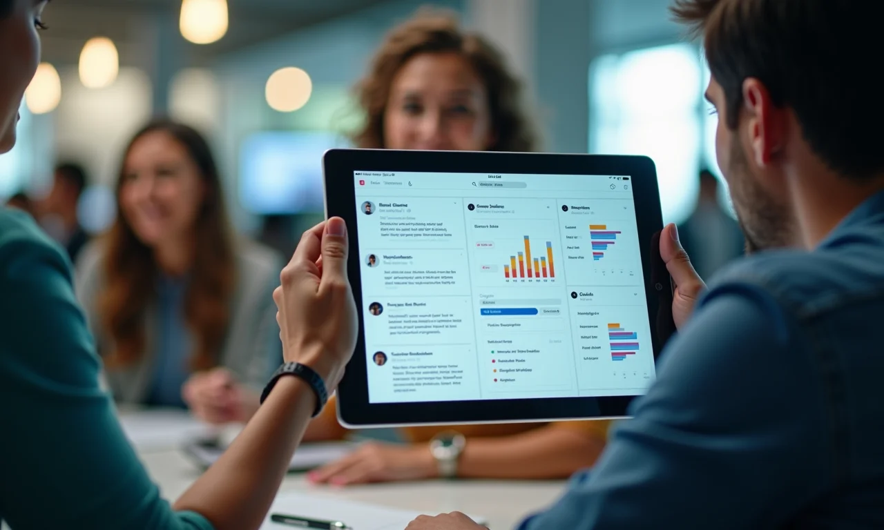 Tablet mostrando painel de monitoramento em tempo real de chat em call center em SP.