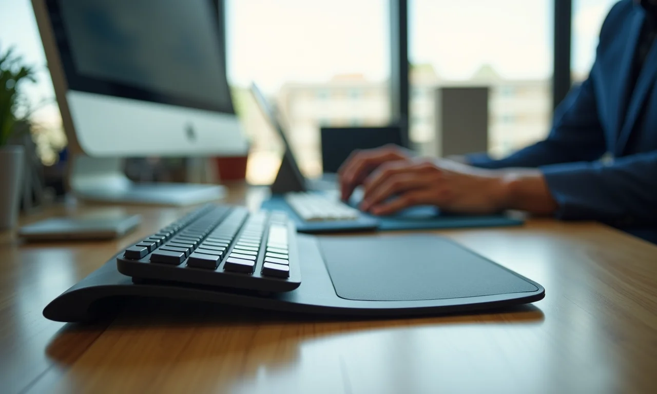 Teclado ergonômico e apoio de pulso em um escritório moderno e bem iluminado em São Paulo.