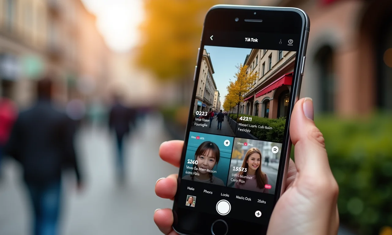 Tela de smartphone mostrando vídeos no TikTok com hashtags de marca.