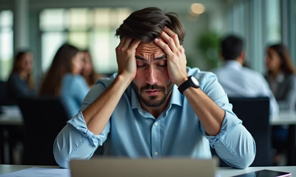 Assédio Moral no Trabalho em SP Saiba Como Agir Trabalhador preocupado em SP, estressado na mesa, colegas embaçados ao redor, simbolizando assédio moral.