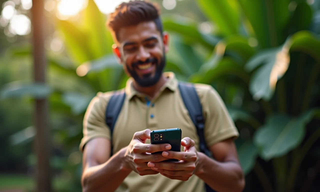 Usuário interagindo com microinterações em app, fundo vibrante brasileiro.