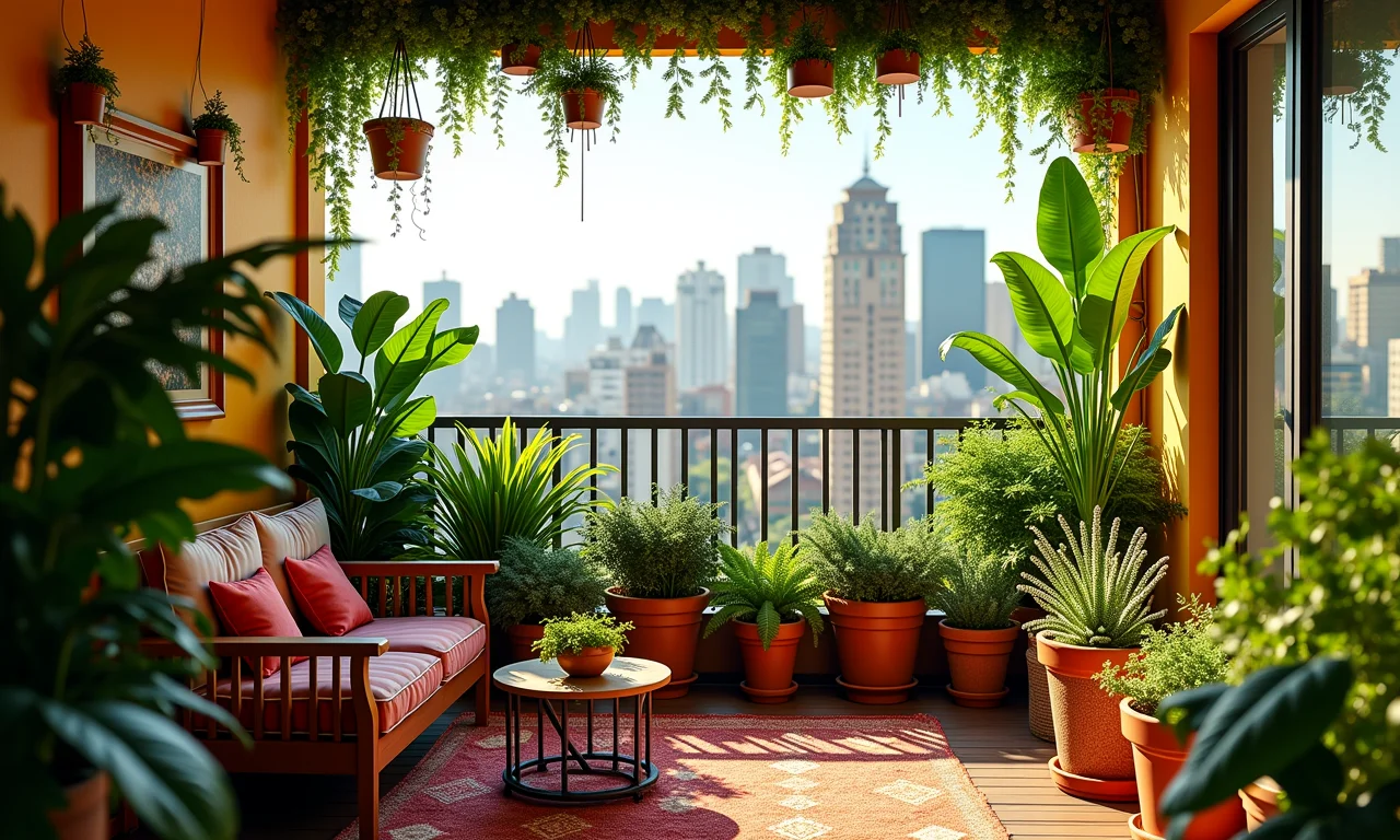 Varanda em SP repleta de plantas com vista urbana e área de estar.