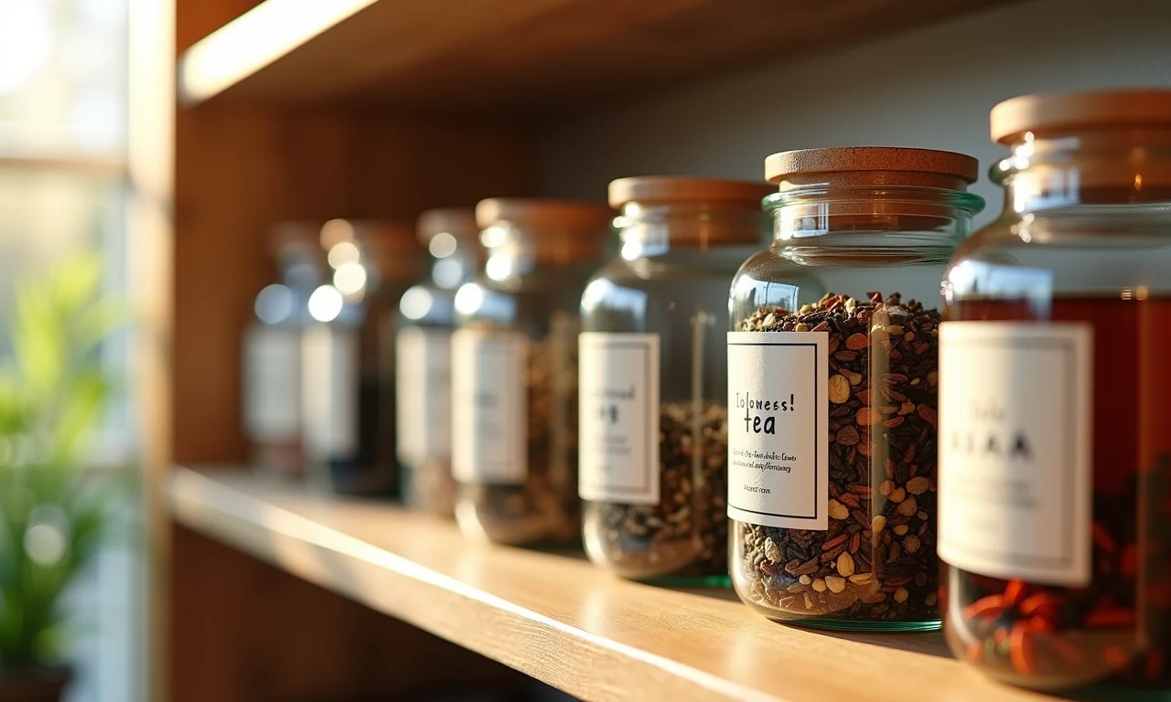 Variedade de chás especiais em potes de vidro.