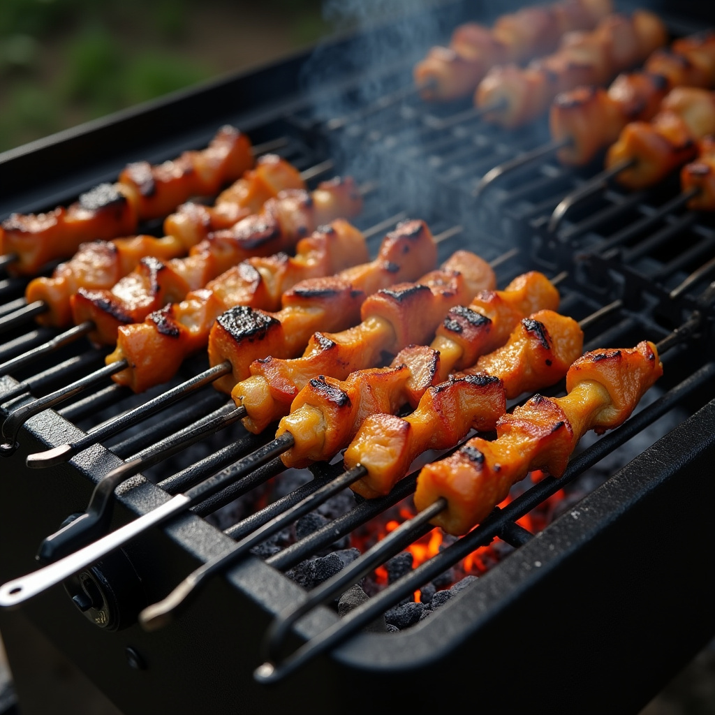 Various grilling equipment for 'espetinhos': charcoal grill, skewers, tongs, Brazilian style, Equipamentos para venda de espetinhos.
