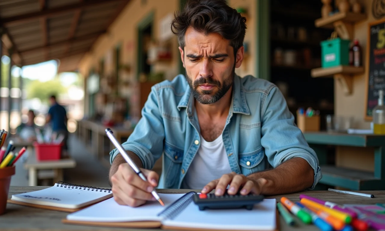 Vendedor brasileiro calculando imposto IPI em um caderno com canetas coloridas.