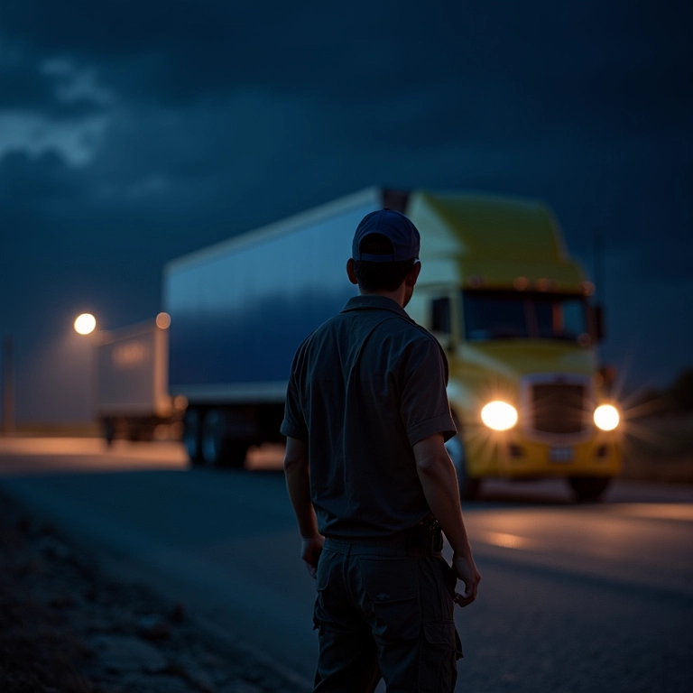 Vigilante noturno protegendo caminhões em área de risco no Brasil.