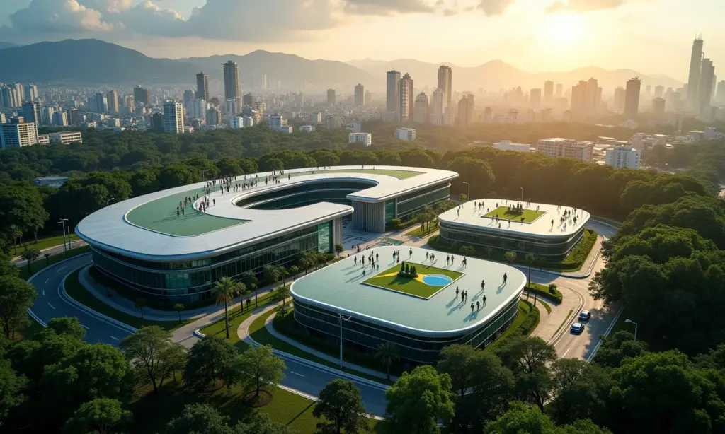 Parques Tecnológicos em SP Ambientes de Inovação Vista aérea de um parque tecnológico moderno em São Paulo, Brasil.