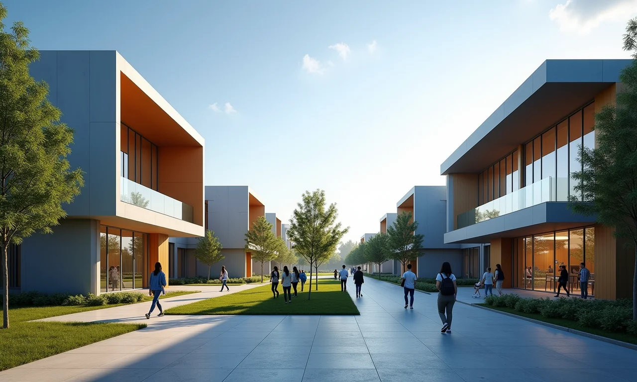 Vista exterior do Parque Tecnológico da Unicamp com estudantes.