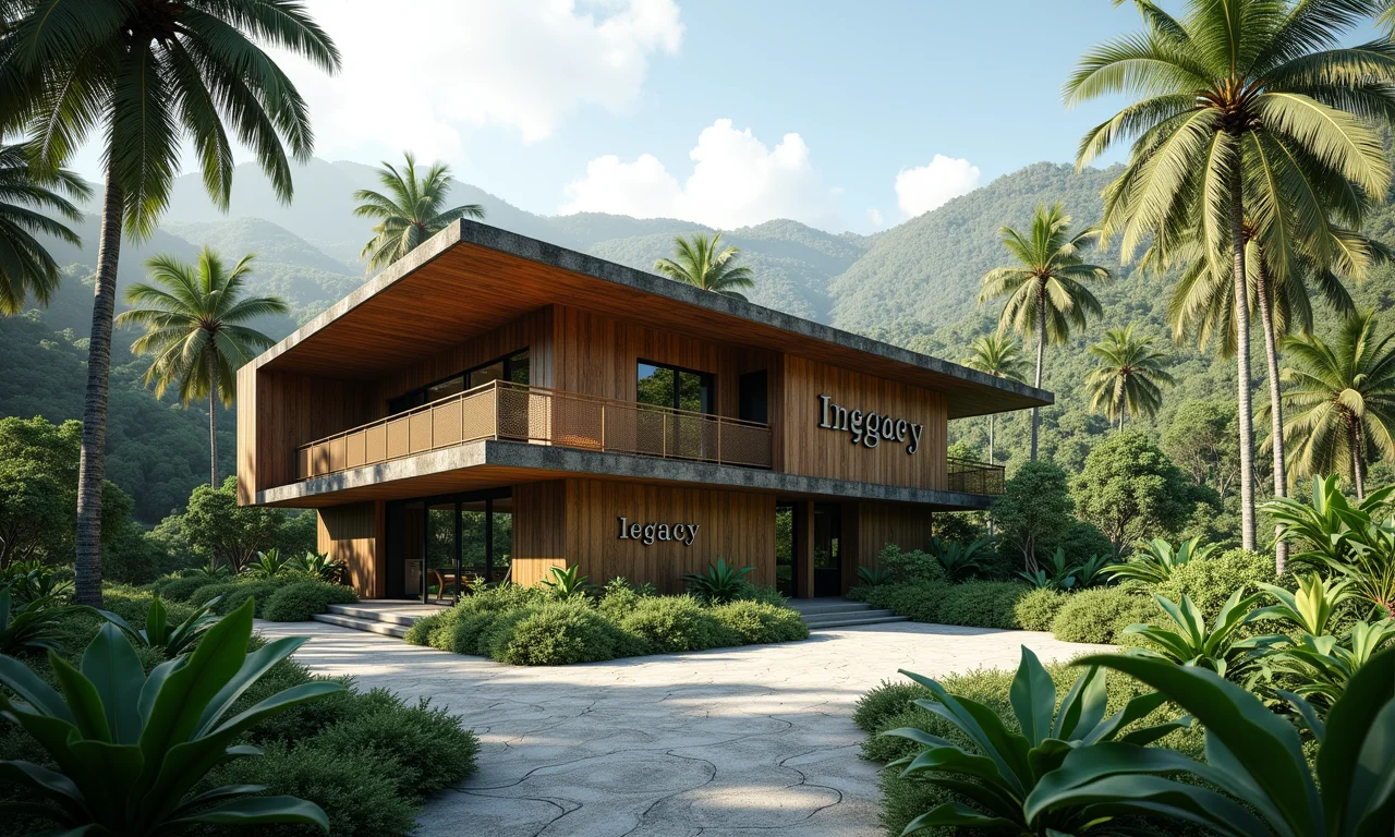 Visualização arquitetônica de um edifício sustentável com a inscrição 'legado'.