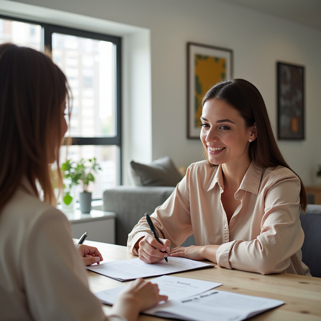 Woman buying compact apartment in Balneário Camboriú, signing documents, realtor assisting, Mulher comprando apartamento compacto em Balneário Camboriú.